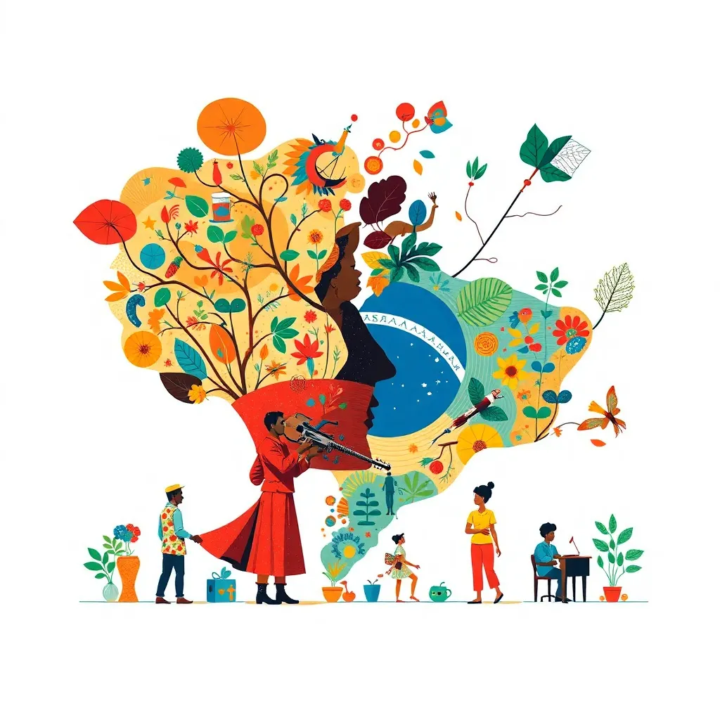 Mapa artístico do Brasil destacando a diversidade cultural do país, simbolizando os desafios e oportunidades na avaliação de projetos culturais.